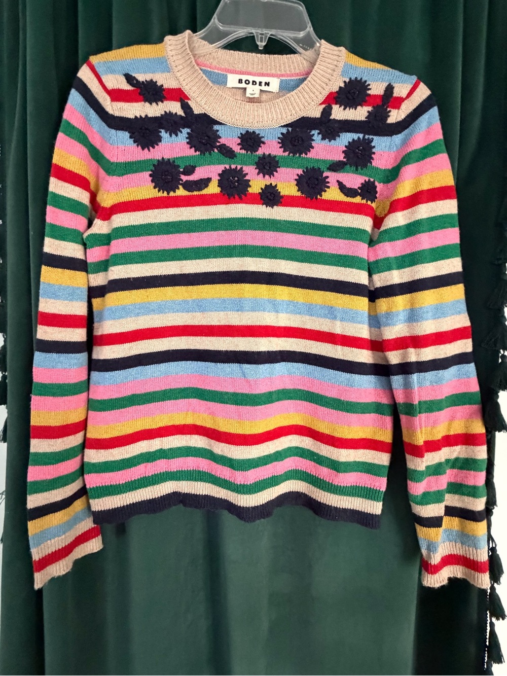 Boden Multicolor Striped Crewneck Sweater with Navy Floral Detail